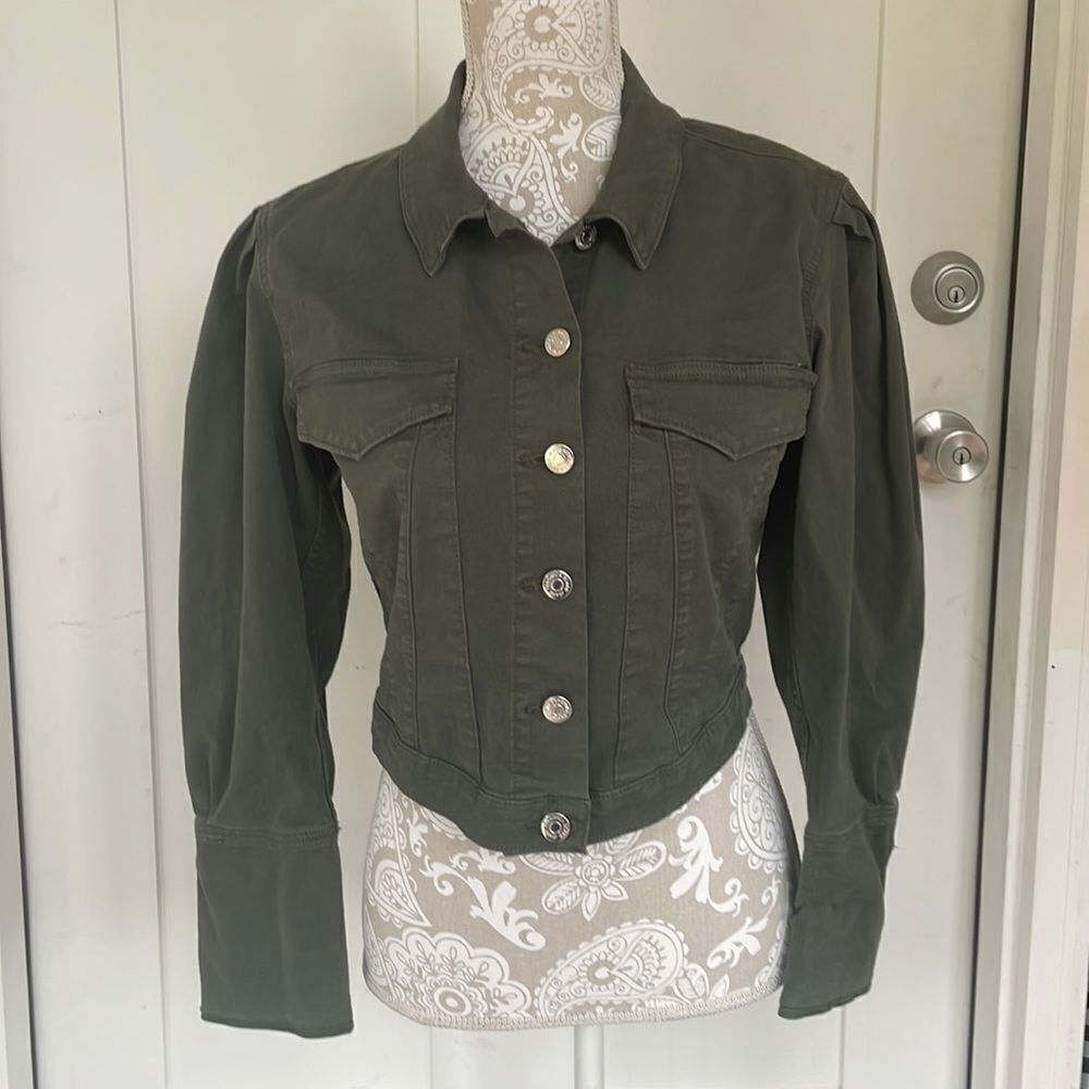 NWT Veronica Beard Army Green Denim Pouf Sleeve Jean Jacket Size Small